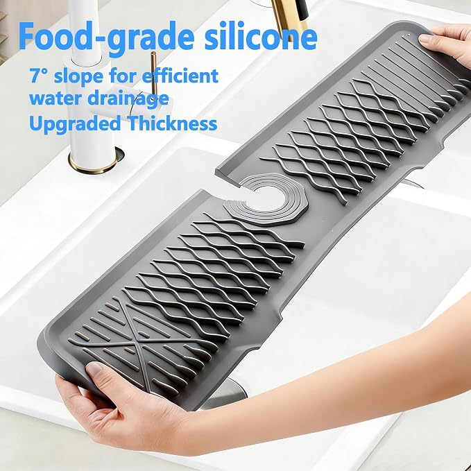 EBIGIC 24 Inch Silicone Faucet Mat for Kitchen Sink, 7° Slope Fast Self-Draining Sink Splash Guard, Kitchen Sink Water Catcher Organizer, Kitchen Sink Accessories (Gray, 24''x5.6'')