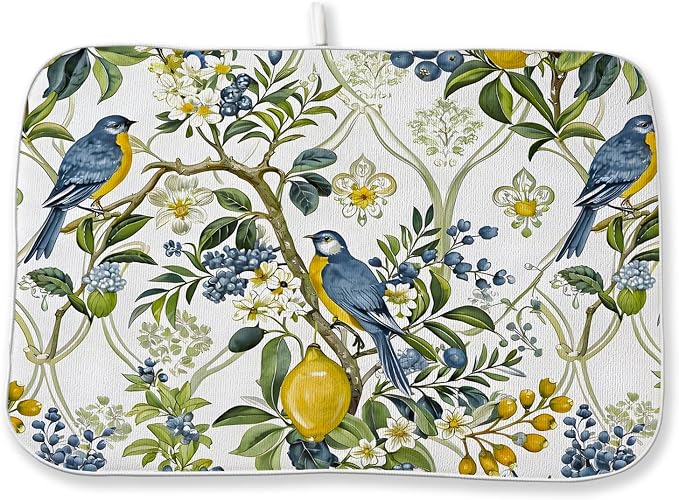 Sage Green Blue Bird Floral Dish Drying Mats 18x24 Inch Vintage Botanical Yellow Lemon Flower Decorative Kitchen Decor Absorbent Drying Pad Rack Drainer Mats for Kitchen Dining Room Counter