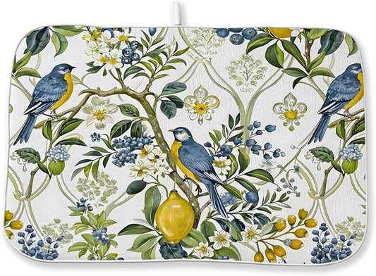 Sage Green Blue Bird Floral Dish Drying Mats 18x24 Inch Vintage Botanical Yellow Lemon Flower Decorative Kitchen Decor Absorbent Drying Pad Rack Drainer Mats for Kitchen Dining Room Counter
