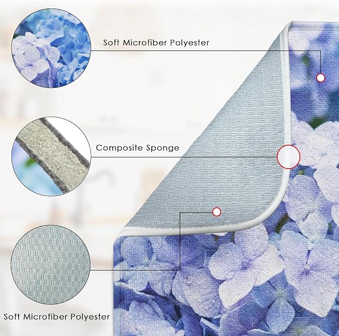 Sanwarm Absorbent Dish Drying Mat, Blue Purple Hydrangea Flower Microfiber Pad for Kitchen Counter, Coffee Bar Decor, Heat Resistant and Reversible, 16" x 18"