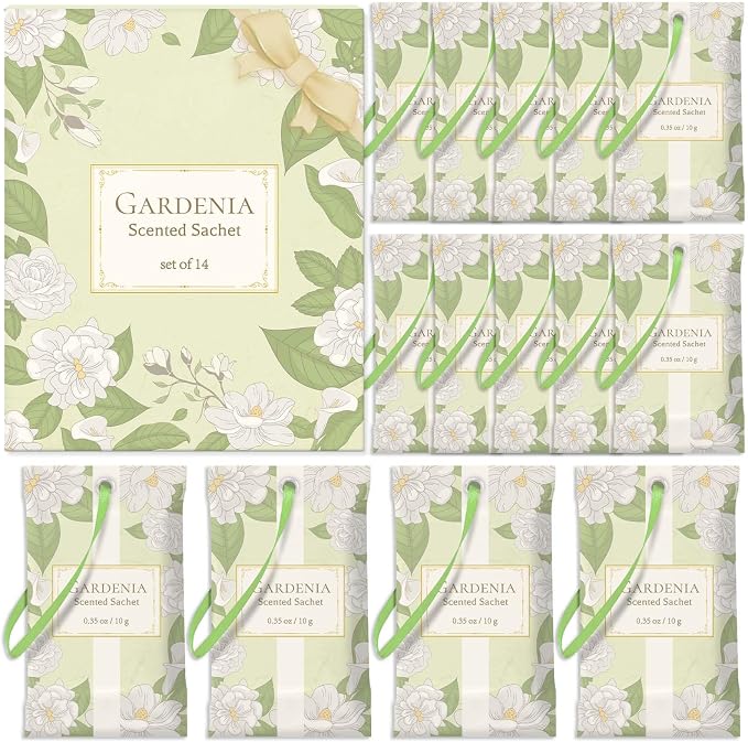 STRN Scented Sachets for Drawer and Closet, Gardenia Scent 14 Pack for Home | Long-Lasting Sachets, Small Space Air Freshener for Wardrobes