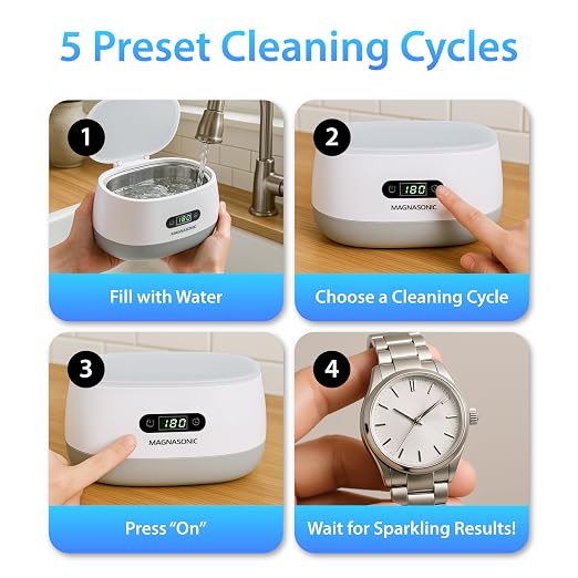Magnasonic Ultrasonic Cleaner - 20oz Tank Ultrasonic Jewelry Cleaner & Ultrasonic Retainer Cleaner, Digital Timer, 5 Cleaning Modes for Glasses, Rings, Dentures, Tools, Aligners (UC22)