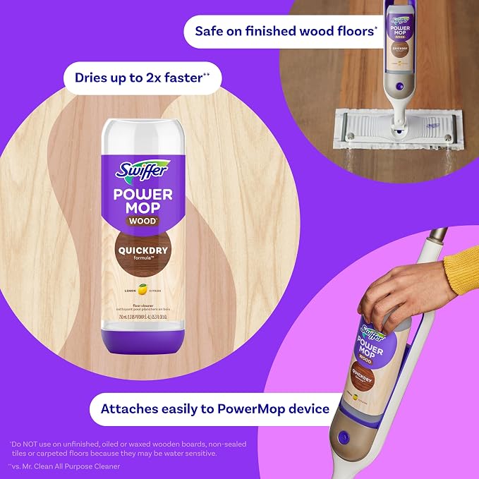 Swiffer Power Mop Wood Refill Solution, QuickDry Hardwood Floor Cleaner for Mopping Home, Bathroom, Kitchen, All Purpose Multi-Surface Solution for Floor Cleaning, Lemon Scent, 50.7 oz