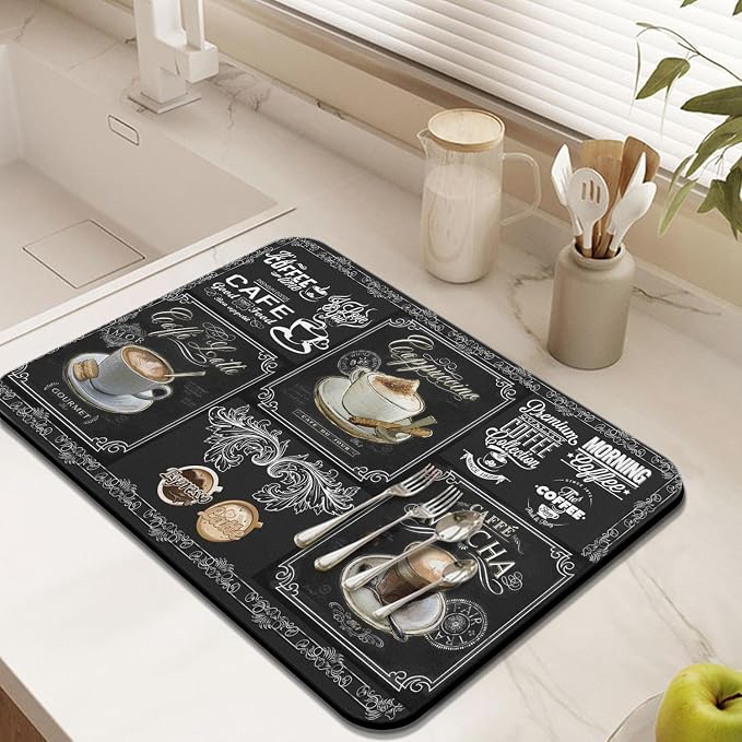 Coffee Bar Mat Accessories for Countertop Super Absorbent Anti-Slip Silicone Flower Dish Drying Mats for Kitchen Counter Draining Pad Decor Gift Fit Coffee Maker Coffee Pot Espresso Machine 24inx18in