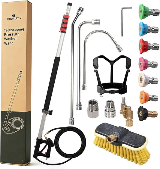 Hourleey 24 FT Telescoping Pressure Washer Wand, Power Washer Extension Wand with Brush Head, Gutter Cleaner, 3 Curve Wands, Adjustable Support Belt, Pivoting Coupler, 7 Spray Nozzles, 4000 PSI