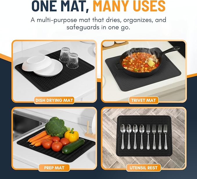 Silicone Dish Drying Mat for Kitchen Counter - Multi-Use 18 x 16 Inch Pad, Non-Slip & Heat-Resistant, Perfect Dish Drainer Mat by Linda’s Essentials, Ideal Kitchen Accessory (Black)