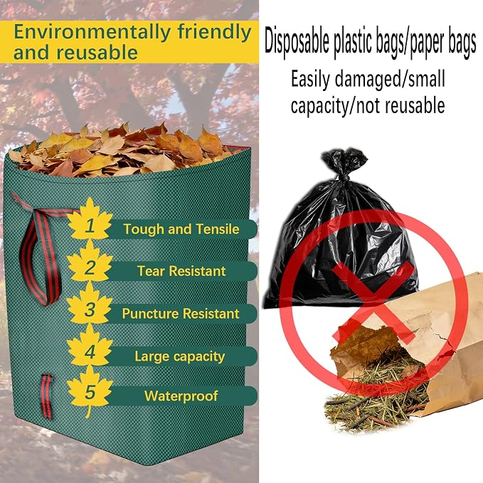 2Pack 53 Gallon Heavy duty reusable patio bags, thickened stand-up lawn bags for collecting garden leaves and trash, lightweight and portable