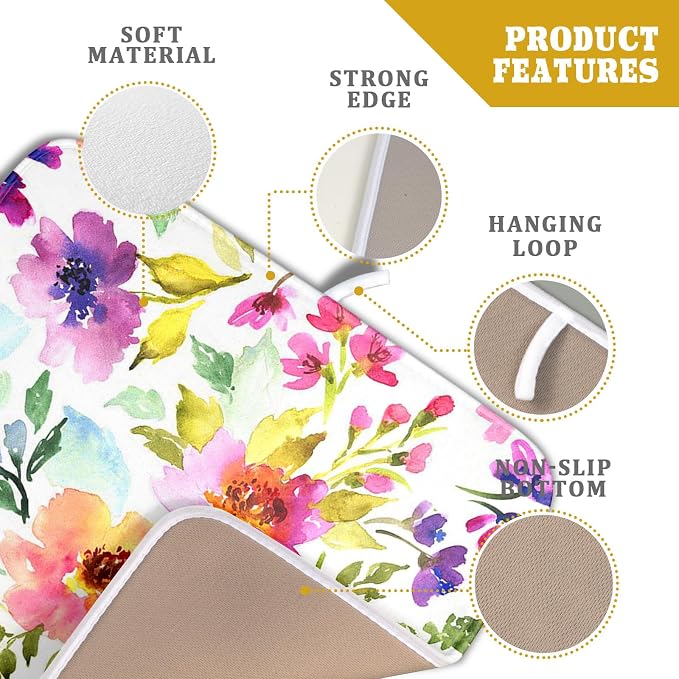 Spring Floral Dish Drying Mat for Kitchen Counter Flower Microfiber Absorbent Dish Draining Reusable Washable Foldable 16"x18"