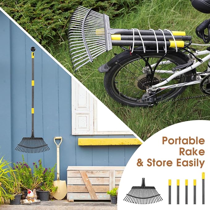 Leaf Rake 18” Wide Heavy Duty Metal 25 Tines Garden Rake Set with 30-90” Adjustable Long Handle for Yard Grass Shrub Mulch Including 32Gallon Garden Bag Leaf Scoops