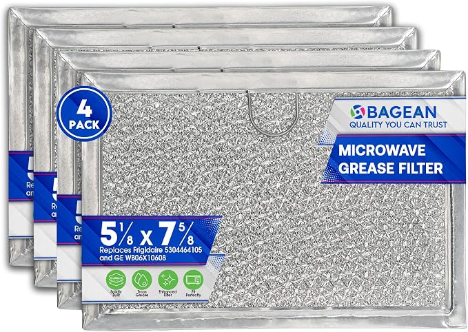 Microwave Filter Replacement 5.12” x 7.64” Fits Frigidaire 5304464105 WB06X10608 GE Microwave Filter - Aluminum Mesh Screen Grease Filter - Filters Air Entering Over the Range Oven Vent Fan (4-Pack)