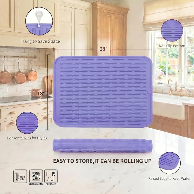 MicoYang Silicone Dish Drying Mat for Multiple Usage,Easy clean,Eco-friendly,Heat-resistant Silicone Mat for Kitchen Counter or Sink,Refrigerator or Drawer Liner Light Purple 3XL 28 inches x 18 inches