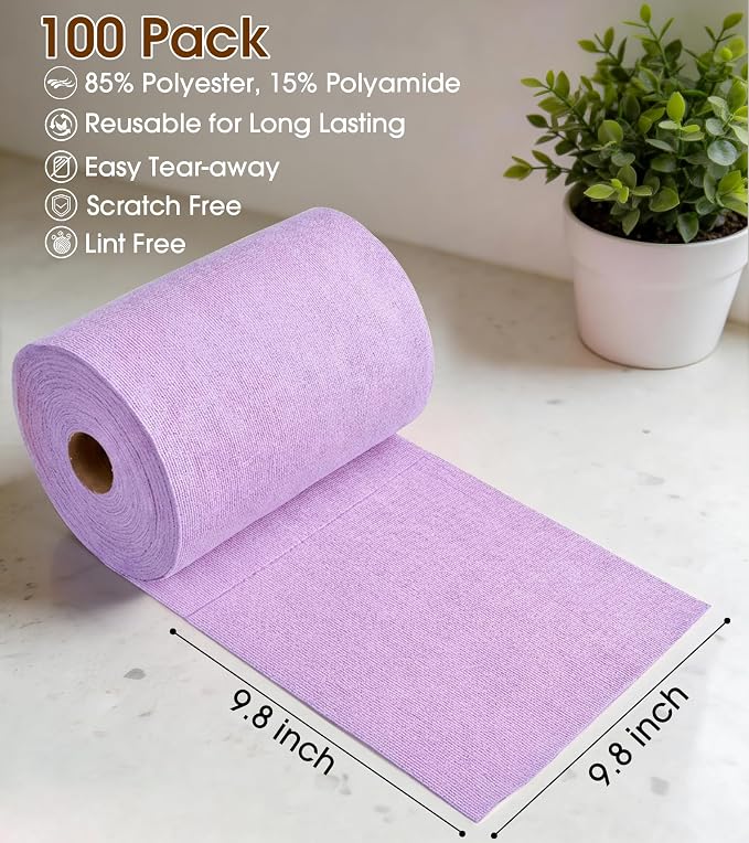 KitchLife Microfiber Cleaning Cloth Roll, 100 Pack - Tear-Away Microfiber Paper Towels, Lint-Free, Reusable, Washable for Kitchen, Car, Dishes, and Sensitive Surfaces (Light Purple)
