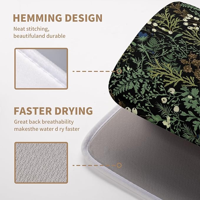 Dish Drying Mat for Kitchen Counter Vintage Green Plant Fern Leaves Floral Drying Mats Absorbent Microfiber Black Dish Drainer Pad Reusable Washable Dish Draining Mats Medium 16x18 Inch