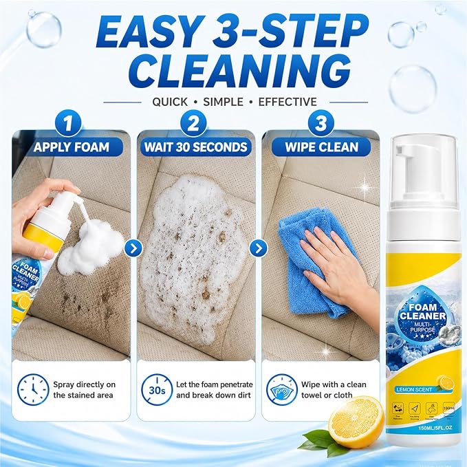 2PCS 4-in-1 Multi-Enzyme Foam Cleaner, Multi Purpose Foam No-Rinse Cleaner 5oz/150ml New All-Purpose Deep Cleaning Spray for Car Interior, Kitchen Grease, Bathroom Tiles, Sofa-Upholstery