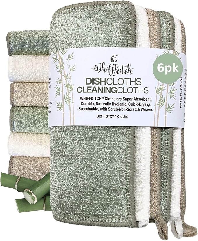 Whiffkitch Dishcloths Dishrags for Kitchen and Household Cleaning 6x7 6-Pack Non-Scratch 2-Ply Weave, Rayon Derived from Bamboo, Absorbent, Washable, Long-Lasting