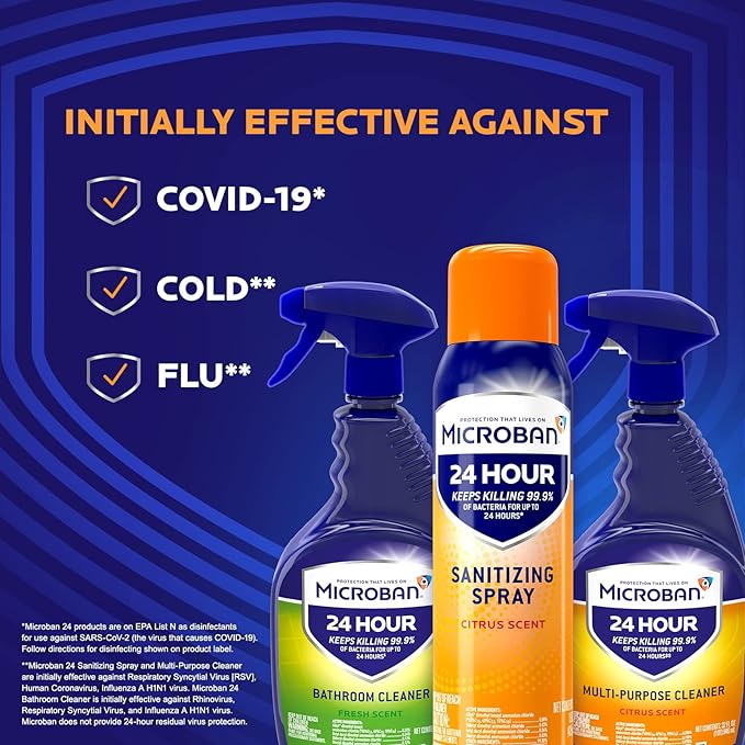 MICROBAN Disinfectant Spray, 24 Hour Sanitizing and Antibacterial Sanitizing Spray, Citrus Scent, 2 Count (15oz Each) (Packaging May Vary)
