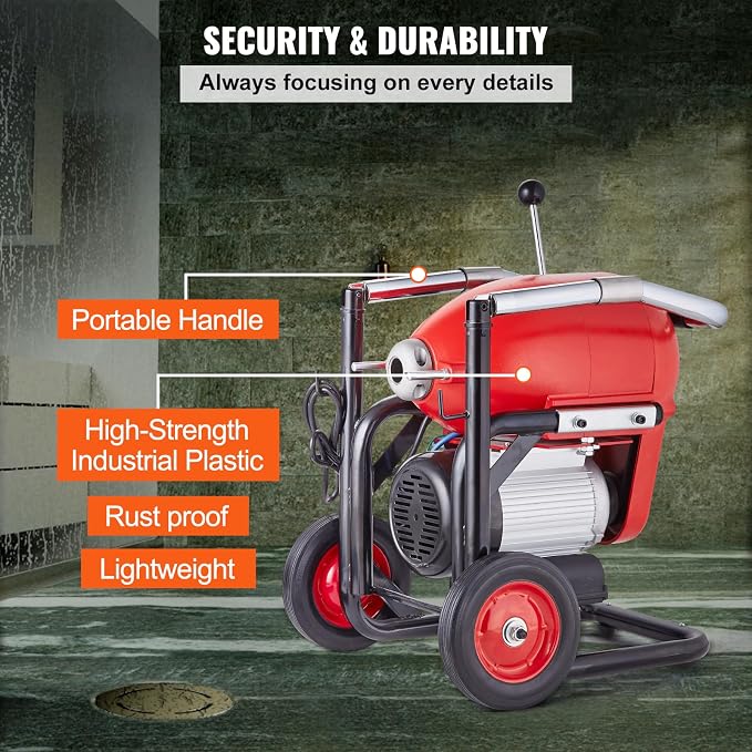 VEVOR Drain Cleaner Machine 120FT x 6/5 Inch, 1100W Electric Sewer Snake Auger Manual Feed - with 6 Cutters and CW/CCW Control for 4" to 8" Pipes