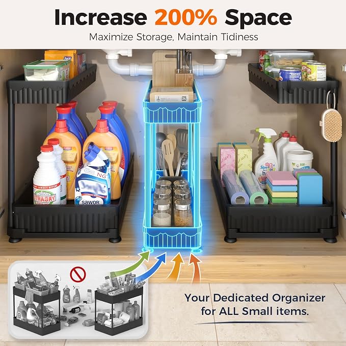 Sevenblue 3 Pack Multi-Purpose Pull-Out Storage Organizers, 2-Tier L-Shaped Under Sink/Cabinet Organizers and Storage for Bathroom & Kitchen, (Black, 12.85 Inches)