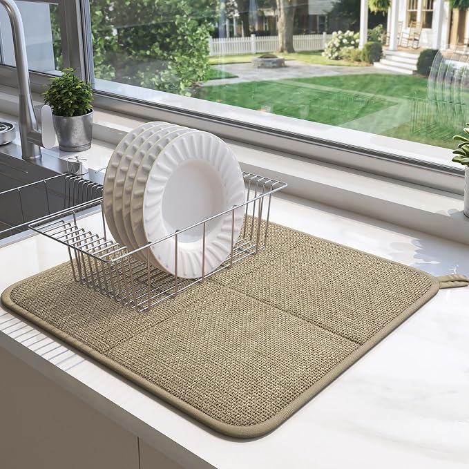 YDKGL Dish Drying Mat for Kitchen Counter, Ultra Absorbent & Fast Drying Dish Mat Machine Washable Foldable Drying Pad for Countertops, Sinks, Draining Racks, Brown