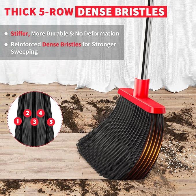 Broom with Dustpan Combo Set, Dust Pans with Long Handle for Upright Sweeping, Standing Broom and Dustpan Set with Self-Cleaning Teeth for Home, Kitchen & Office Floors(Red & Black)
