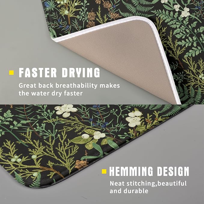 Green Plants Dish Drying Mat for Kitchen Counter Microfiber Absorbent Dish Draining Reusable Washable Foldable 16"x18"