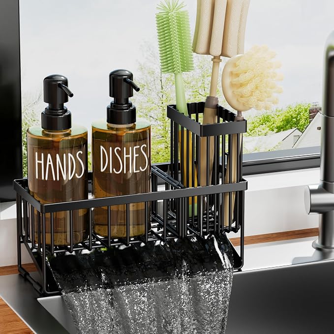MASADI Kitchen Dish Soap Dispenser Set with Sponge Holder, 12OZ Glass Bottle, Hand and Dish Soap Dispenser Set, Non-Slip Silicone Pad, Brush Holder, Kitchen Sink Organizer Countertop (Black+Amber)