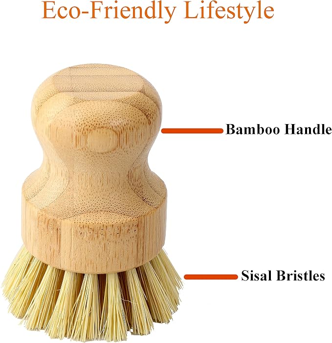 Bamboo Dish Scrub Brush, Kitchen Dish Scrubber Brush Set for Cleaning Dishes,Sink, Cast Iron Pan/Pot