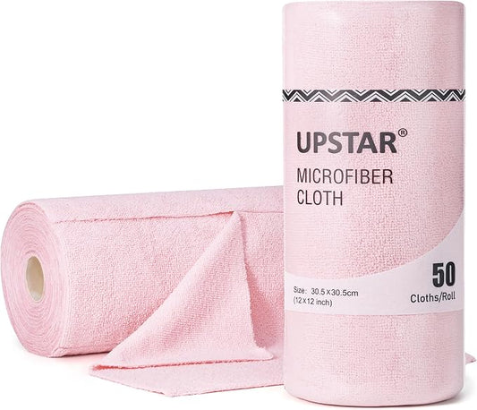 UPSTAR Microfiber Cleaning Cloth, Reusable Paper Towels Rolls, 50 Packs 12x12 inch Cleaning Rags for Washing Dishes, Kitchen, Bathroom, Car, Pink