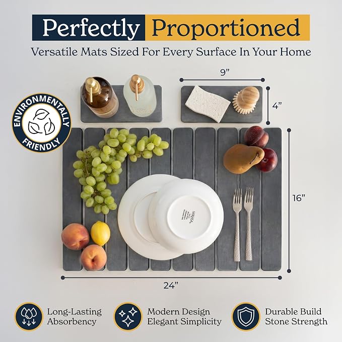 Oleex 3-Pack Stone Dish Drying Mat Set Includes 1 Large 24”x16” & 2 Small 4”x9” for Kitchen Counter-Collapsible Diatomaceous Earth Pad Absorbs Water & Dries Dishes Fast, Non-slip, Odor-Resistant Mats