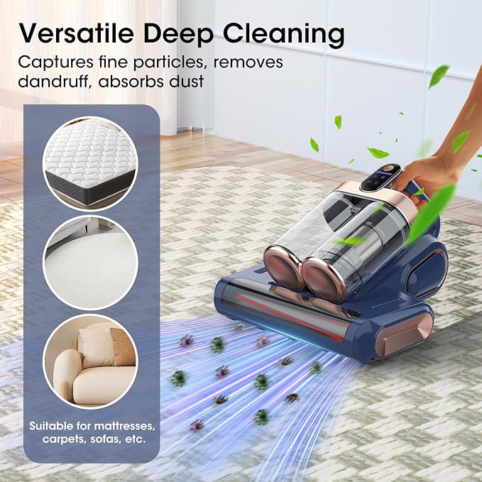 Bed Mattress Vacuum Cleaner Cordless 16Kpa Handheld Vacuum, Vacuum Cleaner with 253.7nm UV-C Light,HEPA Filter & Ultrasonic, Portable Vacuums for Sofa Couch Crib Birthday Gifts for women blue+gold