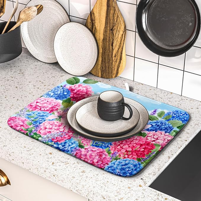 Hydrangea Floral Dish Drying Mat Cute Cat Microfiber Absorbent Dish Drying Pad for Kitchen Counter 16 X 18
