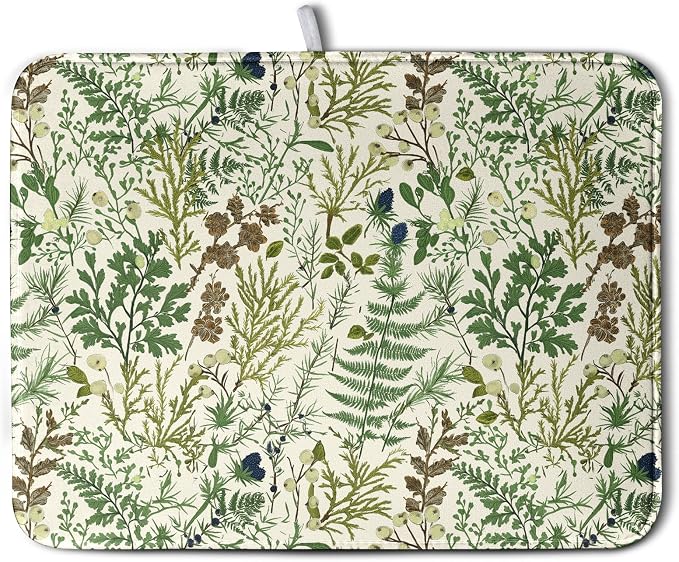 Sage Green Botanical Floral Dish Drying Mat for Kitchen Counter Vintage Herbs Fern Leaves Plant Drying Mats Absorbent Microfiber Dishes Drainer Mats Washable Dish Draining Pad Extra Large 18"x24"