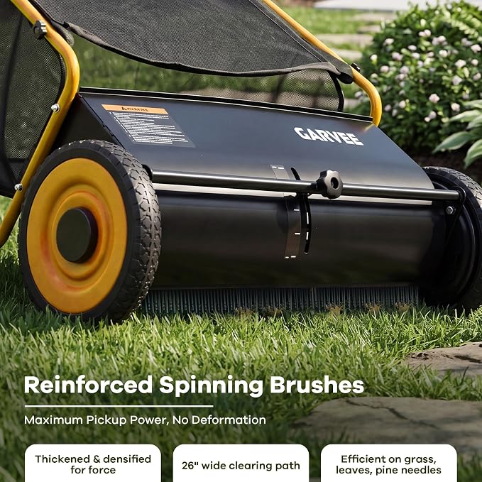 26-Inch Push Lawn Sweeper, Heavy Duty Leaf Sweeper with 4 Brushes & 7Cu.ft Bag, Adjustable Height Steel Frame Leaf,Manual Yard Sweeper for Collector for Yard, Lawn, Garden, Patio