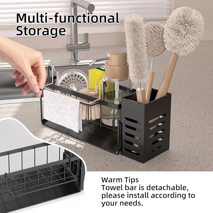 Kitchen Caddy Sink Organizer,Sponge Holder with Dish Brush Holder,Sponge Caddy Soap Dispenser Storage,304 Stainless Steel Kitchen Sink Accessories Over the Sink Shelf