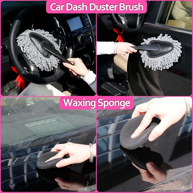 THINKWORK Car Detailing Kit, Interior Exterior Cleaning Set for Vehicles | Soft Microfiber, Lint-Free, Scratch-Proof, 17 Pcs Complete Set, Pink Styling, Perfect Women Gift, Portable Bag