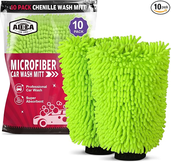 AIDEA Car Wash Mitt Microfiber, 10PK, Car Wash Brush, Green, 7.12''X10.14'' | Scratch Free Lint Free Premium Chenille Microfiber Mitt, Cleaning Supplies, Regular Size