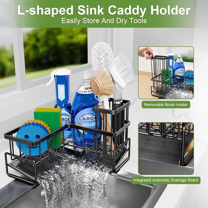 Fikoksol Large Sponge Holder for Kitchen Sink, 90-Degree Sink Caddy Organizer with Dish Brush Holder for Countertop Corner Storage Rack, Metal L-Shaped Kitchen Sink Sponge Soap Organizer Storage Ideas