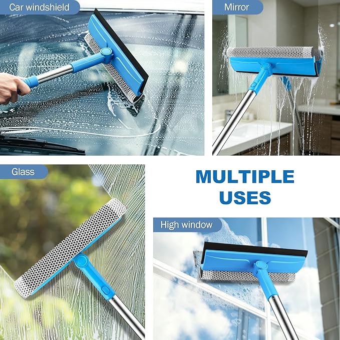 SetSail Window Squeegee 2 in 1 Window Cleaner Tool with 57in Extension Pole | Professional Sponge Squeegee for Window Cleaning Car, Windshield, Glass, Shower, Blue