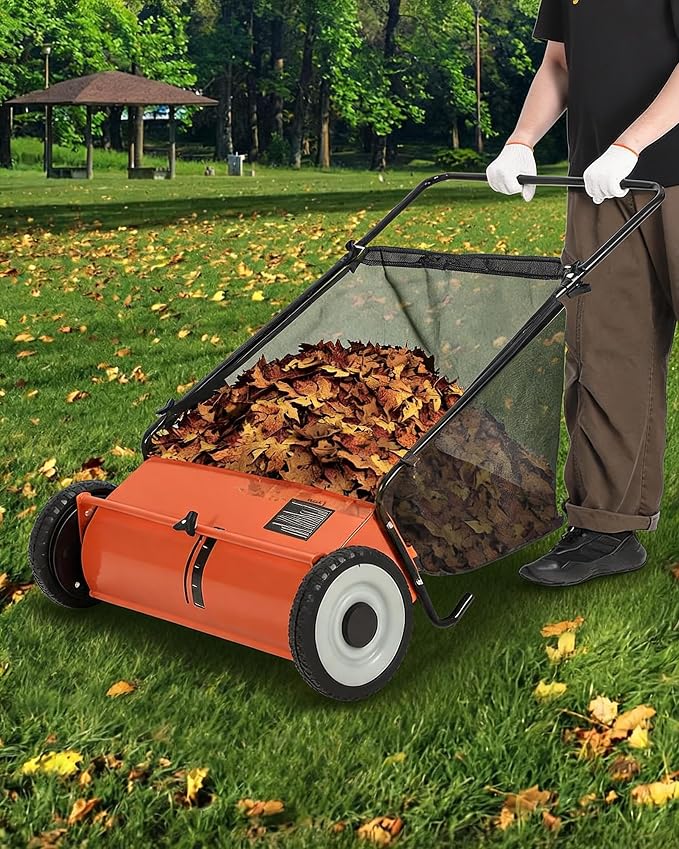 Garvee 26" Push Lawn Sweeper, 7 Cu. Ft. Hopper Capacity Grass Sweeper, Manual Push Yard Sweeper with Height Adjustment & Spinning Brushes, Heavy Duty Lawn Sweeper with Steel Wheels, Orange | Manual Push Yard Sweeper with Height Adjustment & Spinning Br...