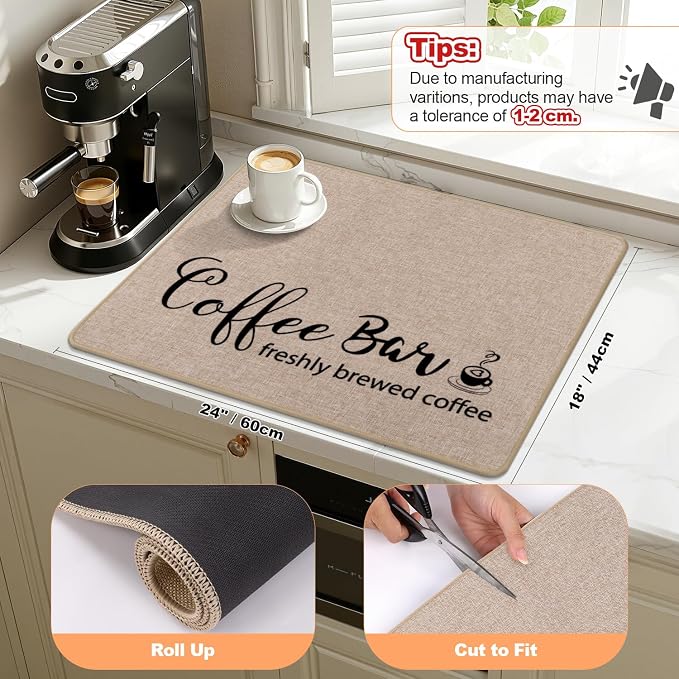 Findosom Dish Drying Mat, 18" x 24" Super Absorbent & Hide Stain Coffee Mat, Cuttable Drying Mat for Kitchen Counter, Coffee Bar Accessories, Under Dish Rack, Coffee Maker, Espresso Machine, Linen