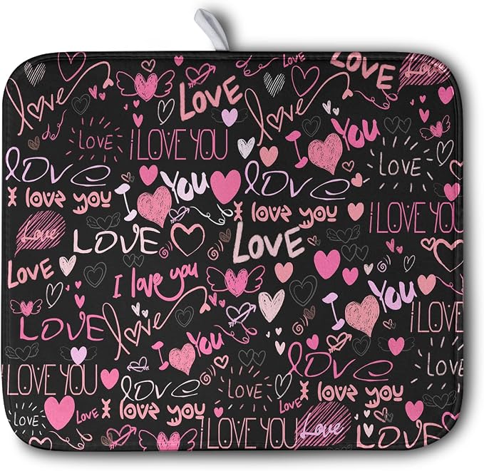 Mother's Day Dish Drying Mat for Kitchen Counter Love Heart Black Drying Mats Absorbent Reversible Microfiber Dish Pad Washable Dish Draining Mat Extra Large 16x18 inch