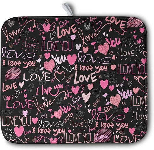 Mother's Day Dish Drying Mat for Kitchen Counter Love Heart Black Drying Mats Absorbent Reversible Microfiber Dish Pad Washable Dish Draining Mat Extra Large 16x18 inch