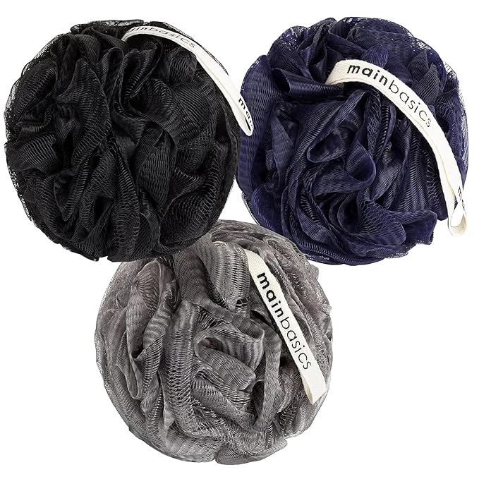 MainBasics Shower Loofah Sponge Pouf, Set of 3, Black Ice | Soft Mesh Body Scrubber and Bath Sponge for Gentle Exfoliation, Rich Lather, and Everyday Shower Use