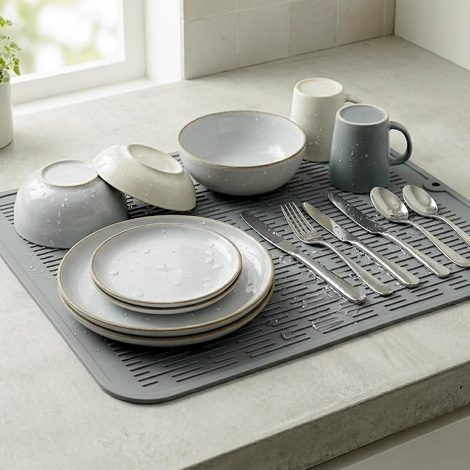 MicoYang Silicone Dish Drying Mat for Multiple Usage,Easy clean,Eco-friendly,Heat-resistant Silicone Mat for Kitchen Counter or Sink,Refrigerator or Drawer Liner Grey XL 18 inches x 16 inches