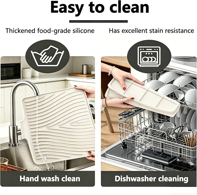 EBIGIC Silicone Dish Drying Mat,19.7"*17"Dish Drying Pad ,Kitchen Accessories,with Built-In and Non-Slip Drain,Easy Clean, Fit for Kitchen, Bar, RV, Refrigerator and Drawer Liner, Off White