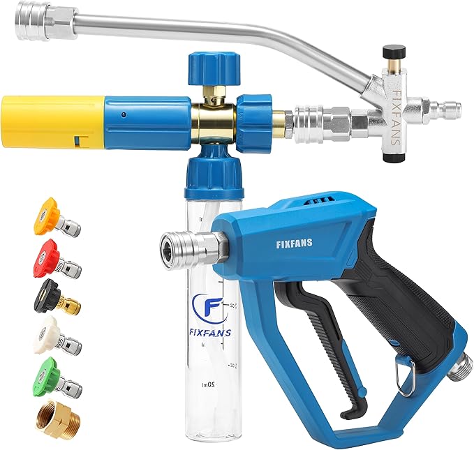 FIXFANS Pressure Washer Gun with Mini Foam Cannon, Dual Connector Accessory | Car Wash Foam Gun Kit - No-Dilution Foam Cannon Pro, 5 Power Washer Nozzle Tips & M22 Adapter, 1/4" Quick Connect