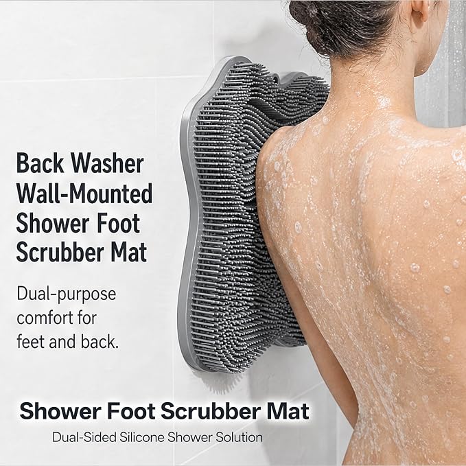 Dual-Sided Silicone Shower Foot Scrubber Mat – Foot Scrubber in Shower for Deep Cleaning & Exfoliation | Wall-Mounted Shower Foot Scrubber Mat & Back Cleaner for Men and Women (Grey, Standard)