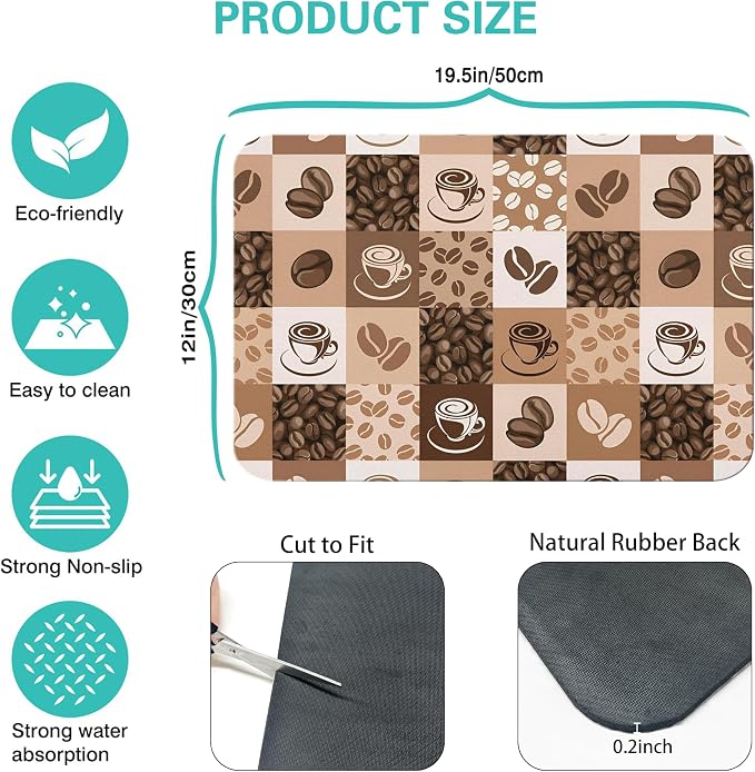 Super Absorbent Anti-Slip Silicone Dish Drying Mats for Kitchen Counter - Draining Pad Decor Gift - Fit Coffee Maker, Espresso Machine - 19inx12in