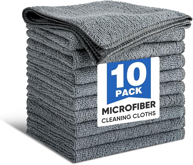 TEAWOO 10 PCS Grey Microfiber Cleaning Cloths, Highly Absorbent Microfiber Towels for Car, Kitchen, Bathroom and Household Cleaning, 11.8" X11.8