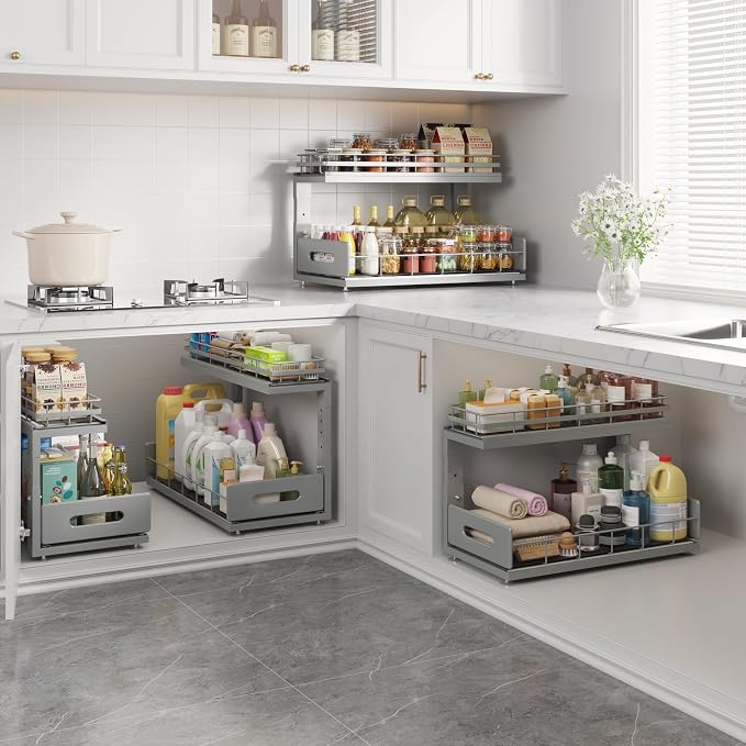 Under Sink Organizer Upgrade To Professional Rails,2-Tier Dual Pull Out Cabinet Storage,Height Adjustable Slide Out Drawers For Bathroom Kitchen,2 Pack-18.5"Dx12.8"-16.9"H,Gun Gray